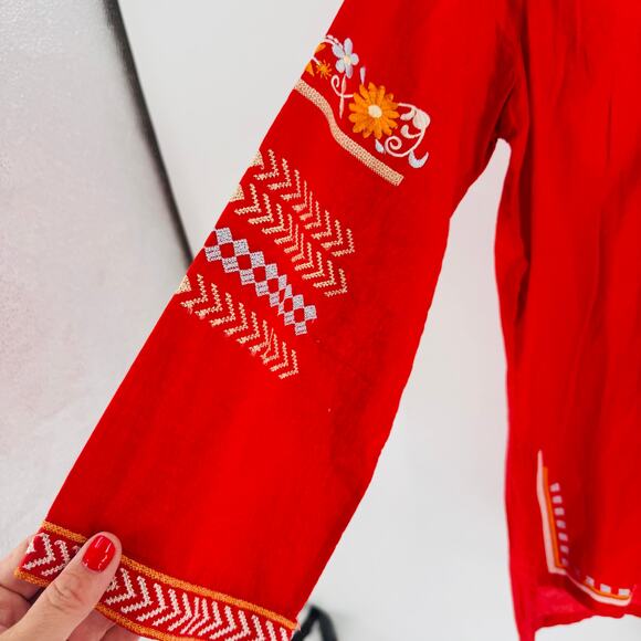 J. Peterman Embroidered Cotton Tunic Top Red-Orange Boho Peasant Style Small - Picture 7 of 8
